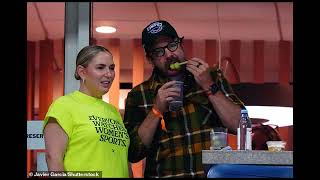 Jason Sudeikis cracks jokes with tennis legend Rennae Stubbs and flashes peace signs at the crowd as [upl. by Kcirdek]