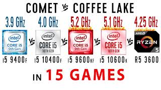 Intel core i5 9400f vs i5 10400f vs i5 9600k OC vs i5 10600k OC vs Ryzen 5 3600 OC Test in 15 Games [upl. by Angrist819]