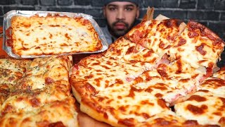 ASMR NO TALKING EXTRA CHEESE PEPPERONI amp HAM PIZZA OVEN BAKED SPAGHETTI CHEESE BREAD MUKBANG [upl. by Aholah]