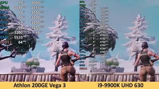 Fortnite Athlon 200GE Vega 3 vs i99900K UHD 630 Comparison Benchmark [upl. by Ettennan]