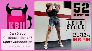 52 reps LONG CYCLE 2 x 32kg kettlebells in 5min at Kettlebell Killers KB Sport Competition 2022 [upl. by Joao]