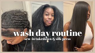 Natural Hair Silk Press Routine  Taking out my Traditional SewIn  Zenese Ashley [upl. by Acinomahs]