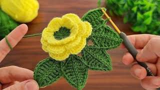 3D⚡💯🌷Crochet Flower💯👌🌷Crochet tea rose with leaves Crochet flowers Knitting How to crochet a flower [upl. by Annala]