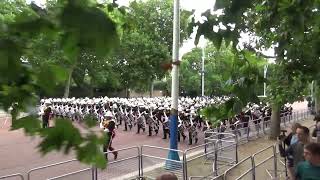 Massed Bands of HM Royal Marines marching on the Mall after Beating Retreat 2024 [upl. by Halas]