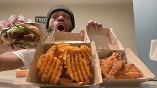 delicious mukbang cheddar bacon cheeseburger waffles fries amp chicken tenders [upl. by Royal422]