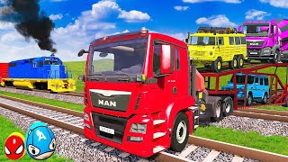 Double Flatbed Trailer Truck vs Speedbumps Train vs Cars Tractor vs Train BeamngDrive [upl. by Laehplar]