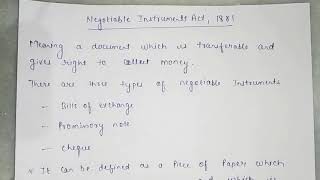 Negotiable Instruments Act  1881Meaningessential elements of Negotiable Instruments Class1 [upl. by Faruq53]