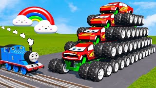 Big amp Small Cybertruck Monster Truck Lightning McQueen VS Thomas the Tank Engine Train BeamNGDrive [upl. by Ennovihs180]