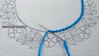 Wow its so cute floral neckline embroidery for kurti New hand embroidery neck design tutorial [upl. by Ddahc613]