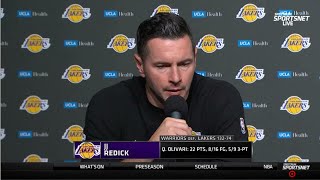 Postgame Interview  JJ Redick speaks to Bronny James performance in Lakers 13274 loss to Warriors [upl. by Ynor]