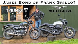 Battle of the Modern Classics Triumph T100 vs Moto Guzzi V7 Which Motorbike Should YOU go For [upl. by Inava]