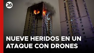 Nueve heridos en un ataque con drones en la capital de Ucrania [upl. by Tove546]