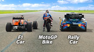 F1 Car vs MotoGP Bike vs Rally Car Ultimate Drag Race [upl. by Allit501]