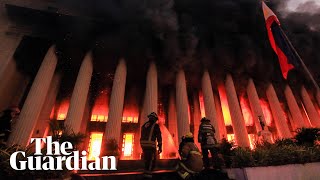 Huge fire rips through historic post office building in Manila [upl. by Nosimaj]