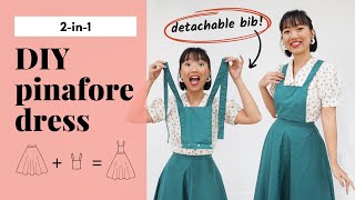 DIY pinafore dress  detachable bib  NO PATTERN beginner sewing tutorial  cottagecore  vintage [upl. by Leeban]