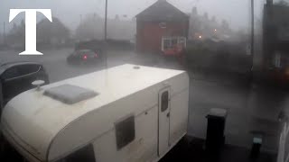 Moment tornado flips over caravan in Staffordshire [upl. by Ettenaj]