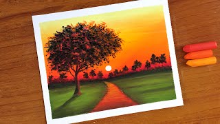 Easy Oil Pastel Sunset Landscape Painting for beginners  Oil Pastel Drawing [upl. by Ihsir]