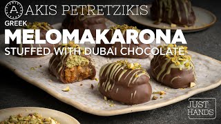 Greek quotMelomakaronaquot Stuffed with Dubai Chocolate  Akis Petretzikis [upl. by Llewxam]