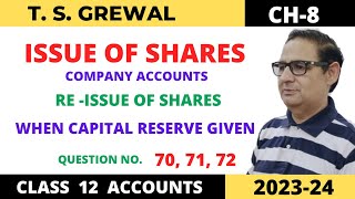 ISSUE OF SHARES COMPANY ACCOUNTS TSGrewal Ch 8 Que no70 7172When capital reserve given2023 [upl. by Seugram]