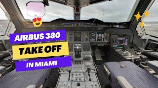 Unbelievable A380 Cockpit View Spectacular Miami florida Takeoff [upl. by Atikin282]