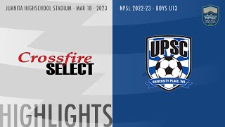 Crossfire Select Black v UPSC Jedi  NPSL 2023 Spring  Boys U13  03182023  Highlights [upl. by Eilatam]