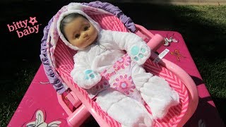 AMERICAN GIRL BITTY BABY Daphnee gets new Bitty Baby Snuggly Bear Bunting Outfit Unboxing [upl. by Kremer]