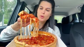 CHICAGO STYLE DEEP DISH PEPPERONI PIZZA  CAR MUKBANG  ASMR  EATING SOUNDS [upl. by Garratt770]