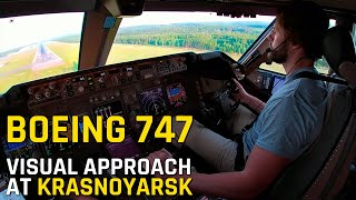 BOEING 747 VISUAL APPROACH AT KRASNOYARSK  UNKL RWY11 [upl. by Amedeo]