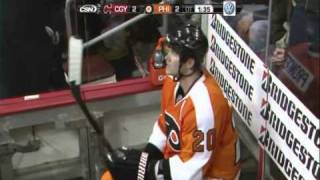 Chris Pronger disallowed goal vs the Flames  112610 [upl. by Starbuck]