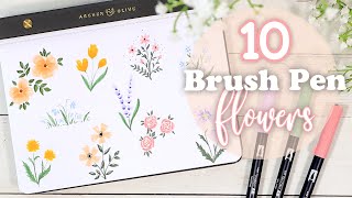 10 Easy Brush Pen Flowers  Beginner Friendly Drawing Tutorial [upl. by Llennoj]