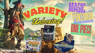 Variety UNBOXING Pokemon One Piece Magic the Gathering Roaring Skies Romance Dawn Duskmourn [upl. by Nyrem]