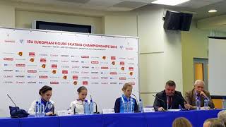 Zagitova  Medvedeva  Kostner press conference ISU European championships 2018 [upl. by Deppy]