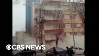 Video shows building collapse in Turkey as earthquake strikes [upl. by Sihtnyc766]