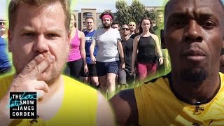 100m Race Usain Bolt vs James Corden amp Owen Wilson [upl. by Dde]