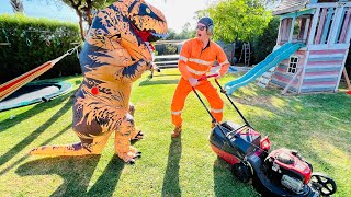 Lawn Mower for Kids Video  blippi kids prank dad with dinosaur  min min playtime [upl. by Engenia]