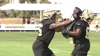 VIDEO REPORT Saints OC Klint Kubiak says rookie LT Taliese Fuaga is All football [upl. by Faustena]