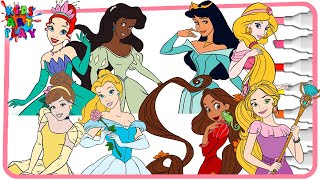 Disney Princess Coloring Compilation Color Swap Tiana Ariel Jasmine Belle Cinderella Rapunzel Elena [upl. by Northway]