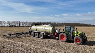 CLAAS AXION 870 mit Annaburger Fass amp BOMECH Schleppschuh Verteiler am Gärreste ausbringen  4K [upl. by Trisha]