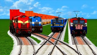 4 Passanger amp Cargo Trains Crossing Sideways On Bumpy Forked Same Line Railroad Track⚠️3D Train [upl. by Marchese794]