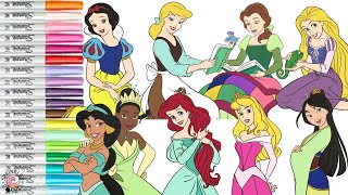 Disney Princess Coloring Book Compilation Belle Ariel Rapunzel Mulan Aurora Snow White Tiana Jasmine [upl. by Thursby]