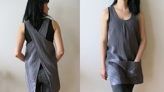 Cross back apron with pockets Japanese pinafore Crossback Sewing tutorial TOTOshopUA GRACE [upl. by Alleuqahs]