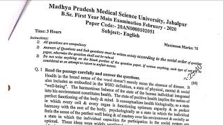 Madhya Pradesh medical Science Jabalpur English Question Paper for BSC Nursing 1st year2020 [upl. by Nodnarg]