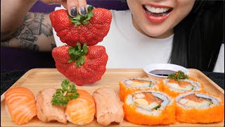 UNEDITED BIG BITE SUSHI  GIANT STRAWBERRY ASMR EATING SOUNDS NO TALKING  SASASMR [upl. by Aerdma941]