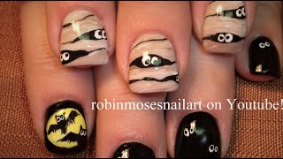 Mummy Halloween Nail Art  Easy Bat Nails Design Tutorial [upl. by Broadbent]