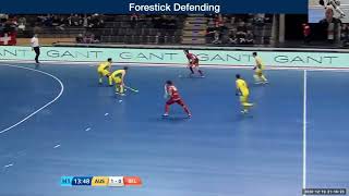 Indoorhockey zaalhockey  Skill Defender forestick defending low [upl. by Zulch]