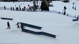 Skier and snowboarder ALMOST collide during rail jam competition  WooGlobe [upl. by Derfniw]