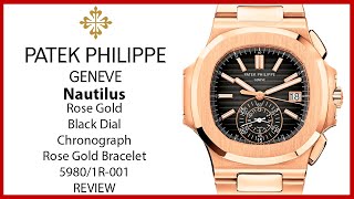 ▶ Patek Philippe Nautilus Chronograph Rose Gold Black Dial Rose Gold Bracelet 59801R001  REVIEW [upl. by Ihtraa356]