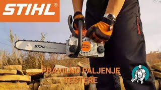 PRAVILNO PALJENJE NOVE MOTORNE TESTERE  STIHL MS 180  HLADAN START [upl. by Ecyar]