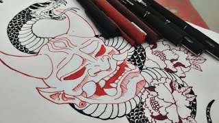 How to Draw Mask Hannya Tattoo [upl. by Trik]