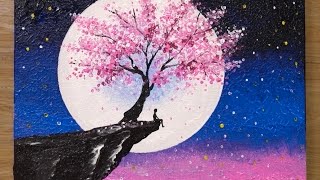 Cherry Blossom under Moonlight  Acrylic Painting Technique 459 [upl. by Dyche]